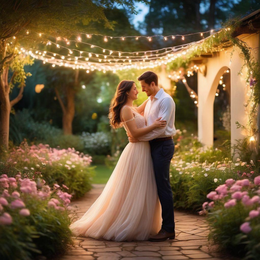 A romantic scene depicting a couple dancing under soft, twinkling fairy lights in a lush garden, surrounded by blooming flowers symbolizing growth and tenderness. The focus on their joyful expressions signifies fondness, while gentle, warm colors create an inviting atmosphere. Incorporate subtle heart shapes in the background to enhance the theme of love. dreamy, vibrant colors. soft blur.