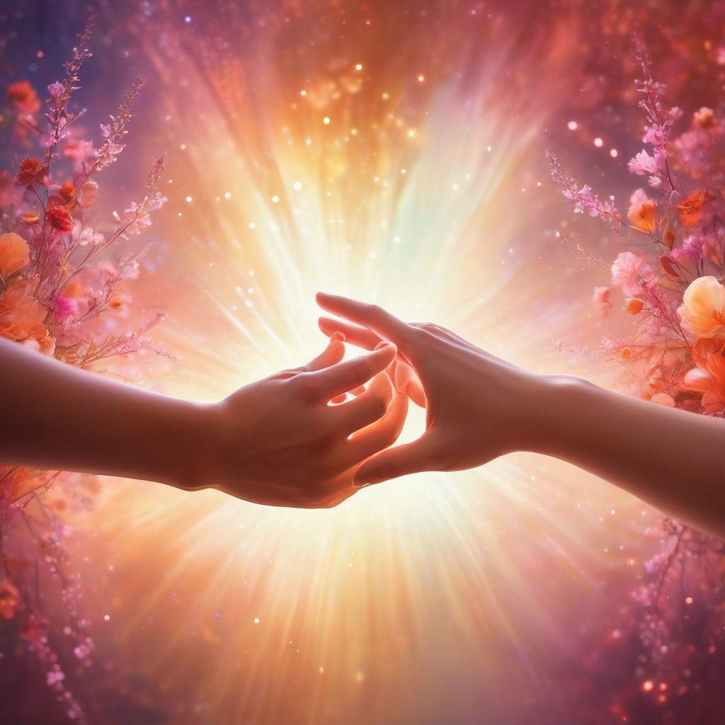 A vibrant, enchanting scene capturing two hands reaching towards each other, surrounded by a glowing aura that represents connection and desire. The background features soft, dreamy elements like swirling lights and ethereal flowers, symbolizing the magic of relationships. Incorporate warm colors to evoke feelings of love and intimacy. super-realistic. vibrant colors. soft focus.