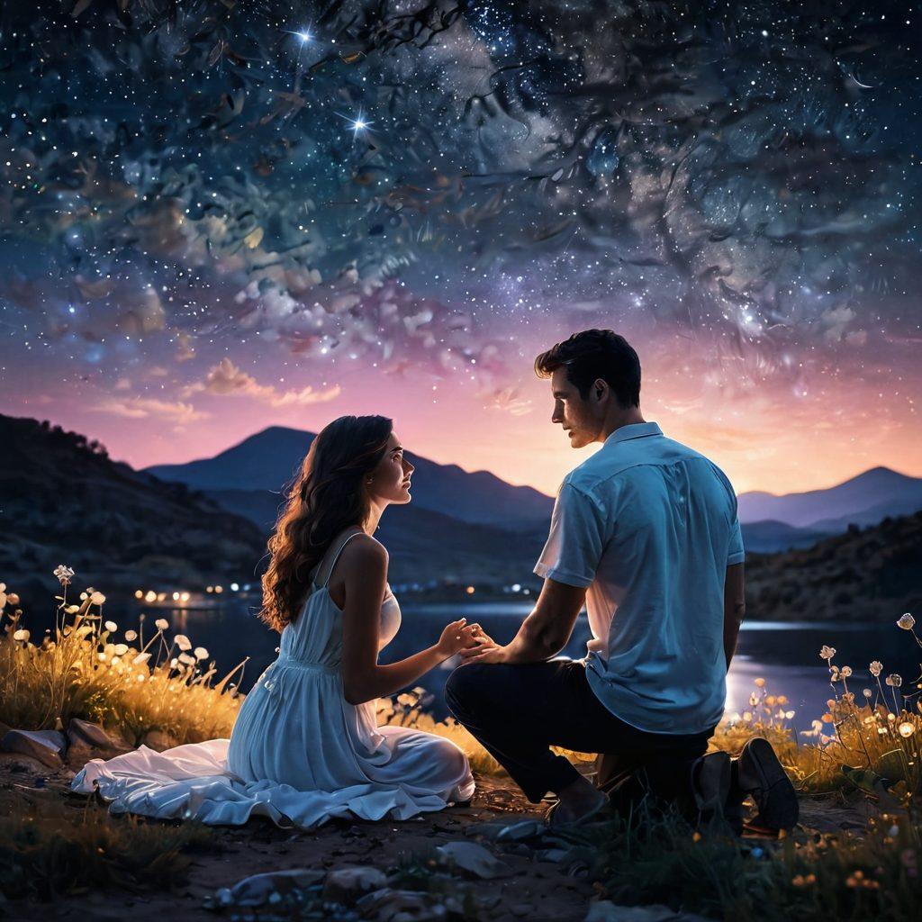 A romantic scene depicting a couple sharing a heartfelt conversation under a starry night sky, with soft glowing lights surrounding them, symbolizing emotional connection. Add subtle heart-shaped elements in the background and a gentle breeze rustling nearby flowers. The couple's expressions should reflect deep affection and intimacy, evoking warmth and trust. soft focus. ethereal glow. vibrant colors. night sky backdrop.